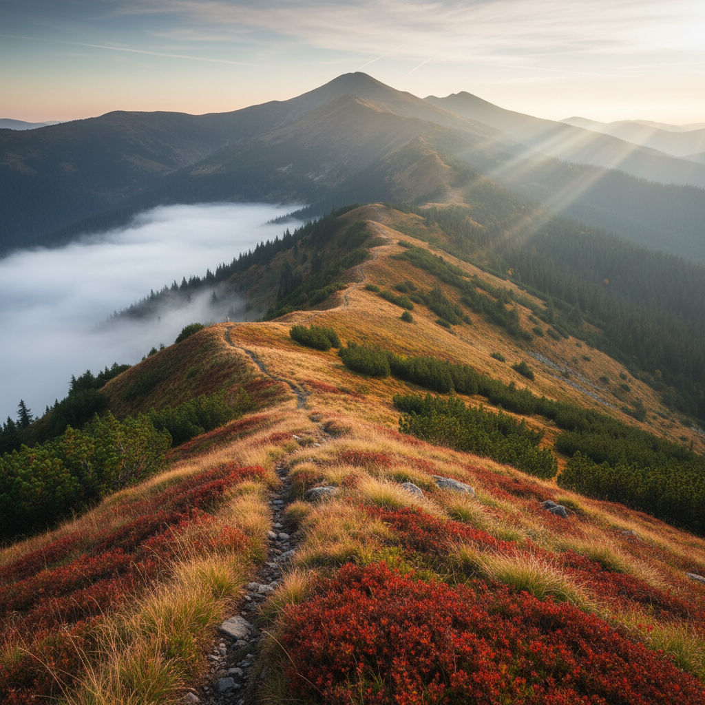 An atmospheric autumn ridge scene in the Rodnei Mountains, with a narrow, grassy crest leading toward the distant Pietrosu summit. The hillside is covered in a rich tapestry of rust-red blueberry bushes, golden grasses, and dark green dwarf pines. A thin layer of morning fog curls upward from the valley on the left, partially obscuring lower slopes while leaving the higher crest clear. Soft, diffused sunlight filters through the mist, creating a gentle glow and delicate rays cutting across the ridge. Photographic realism, captured from an eye-level perspective following the curve of the ridge, using the rule of thirds so the trail leads the viewer’s eye into the frame. The mood is calm, contemplative, and quietly adventurous, ideal for conveying four-season guided experiences in Pietrosu Rodnei.