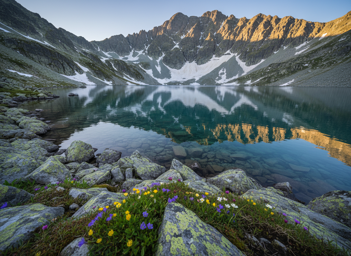 An expansive high-altitude glacial lake beneath Pietrosu Rodnei, its crystal-clear, deep turquoise water mirroring the rocky peaks and patchy late-spring snowfields above. The shoreline in the foreground is composed of angular grey boulders, some covered with bright green moss, and scattered alpine flowers emerging from crevices. Soft golden hour light from a low sun illuminates the upper slopes, creating warm highlights on the rock faces, while the lake itself reflects cooler blue tones. Gentle ripples on the water add texture to the reflection. Photographic realism, captured from a low angle near the water’s edge with a wide lens, emphasizing depth and vastness. The mood is serene, pristine, and awe-inspiring, perfectly suited to a professional mountain guiding site promoting the unique natural beauty of Pietrosu Rodnei.