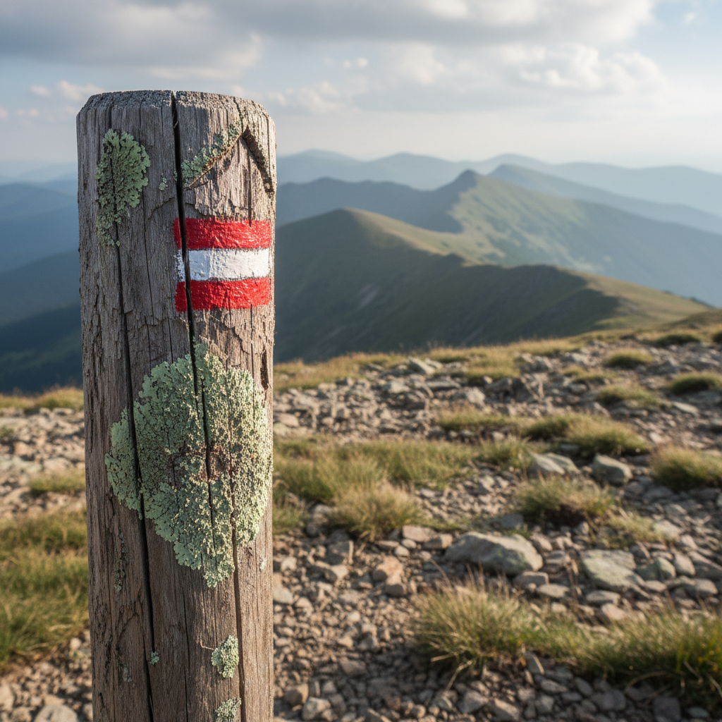 A detailed close-up of a weathered wooden trail marker post on Pietrosu Rodnei, its surface textured with cracks and lichen, bearing a freshly painted red-and-white trail blaze leading toward the summit. The post stands beside a rocky mountain path scattered with small stones and tufts of hardy grass. In the softly blurred background, layered ridges of the Rodnei Mountains fade into the distance under diffused afternoon light filtered through high clouds. The lighting creates gentle highlights on the paint and subtle shadows around the carved edges of the wood. Photographic realism, shot from a low, slightly angled perspective with a shallow depth of field, conveys a professional, trustworthy, and reassuring mood, emphasizing orientation and safe guided routes in a clean, modern composition.