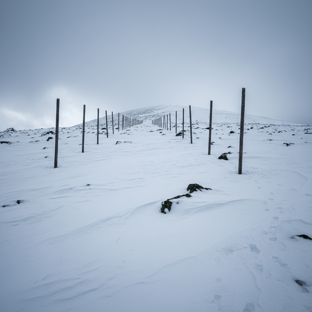 A winter scene on Pietrosu Rodnei’s upper slopes in photographic realism, featuring a line of evenly spaced wooden avalanche poles rising from deep, untouched snow. The snow surface is smooth and slightly wind-sculpted, with subtle ripples and a few exposed dark rocks breaking through. In the mid-ground, a broad, open slope ascends toward a visibility-limited, cloud-shrouded ridgeline. Overcast light creates soft, even illumination with almost no hard shadows, lending a calm, serious atmosphere. The image is shot from a slightly low, uphill angle, emphasizing the gradient and the importance of safe route choice. Clean composition with a cool blue color cast, conveying professionalism, safety awareness, and the expertise of local mountain guides in challenging winter conditions on Pietrosu Rodnei.