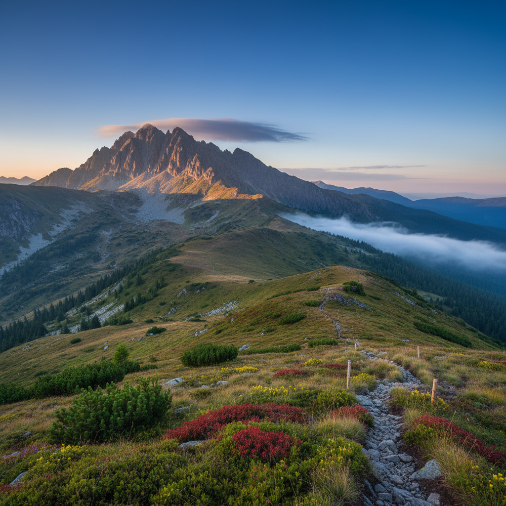 A sweeping panoramic view of the Pietrosu Rodnei massif captured in crisp photographic realism, with the jagged rocky summit rising above rolling alpine ridges. The foreground shows a narrow, well-marked hiking trail winding through low blueberry bushes and patches of mountain grass dotted with wildflowers. Early morning light from the left bathes the peaks in soft golden hues, while distant valleys are still filled with bluish mist. The sky is a clear, deep blue with a few thin clouds hugging the ridgeline. Shot from a slightly elevated eye-level angle with sharp focus throughout, the composition uses the rule of thirds to place the summit off-center, creating a professional, aspirational atmosphere that invites exploration and guided ascents.