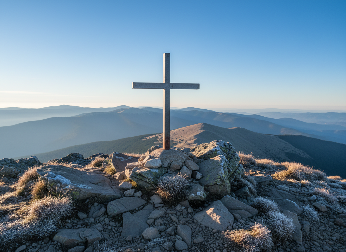 A dramatic summit scene on Pietrosu Rodnei captured in photographic realism, with a simple metal summit cross anchored into a rugged cluster of jagged rocks. The metal has a slightly weathered, matte finish, with small patches of rust at the base. Around the rocks lie frost-kissed tufts of alpine grass clinging to thin soil. Below, layers of rolling Carpathian ridges recede into a hazy blue horizon under a crisp, clear sky. Late afternoon light from behind the camera casts defined but not harsh shadows, giving depth to each rock and highlighting the cross against the sky. Shot from a slightly low angle, centered composition, sharp focus throughout, creating a professional, triumphant, and aspirational mood that symbolizes achievement through expert-guided climbs.