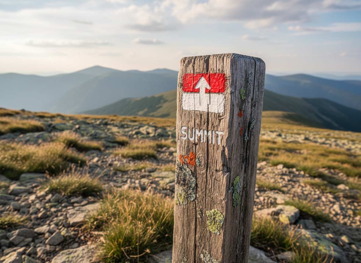 A detailed close-up of a weathered wooden trail marker post on Pietrosu Rodnei, its surface textured with cracks and lichen, bearing a freshly painted red-and-white trail blaze leading toward the summit. The post stands beside a rocky mountain path scattered with small stones and tufts of hardy grass. In the softly blurred background, layered ridges of the Rodnei Mountains fade into the distance under diffused afternoon light filtered through high clouds. The lighting creates gentle highlights on the paint and subtle shadows around the carved edges of the wood. Photographic realism, shot from a low, slightly angled perspective with a shallow depth of field, conveys a professional, trustworthy, and reassuring mood, emphasizing orientation and safe guided routes in a clean, modern composition.
