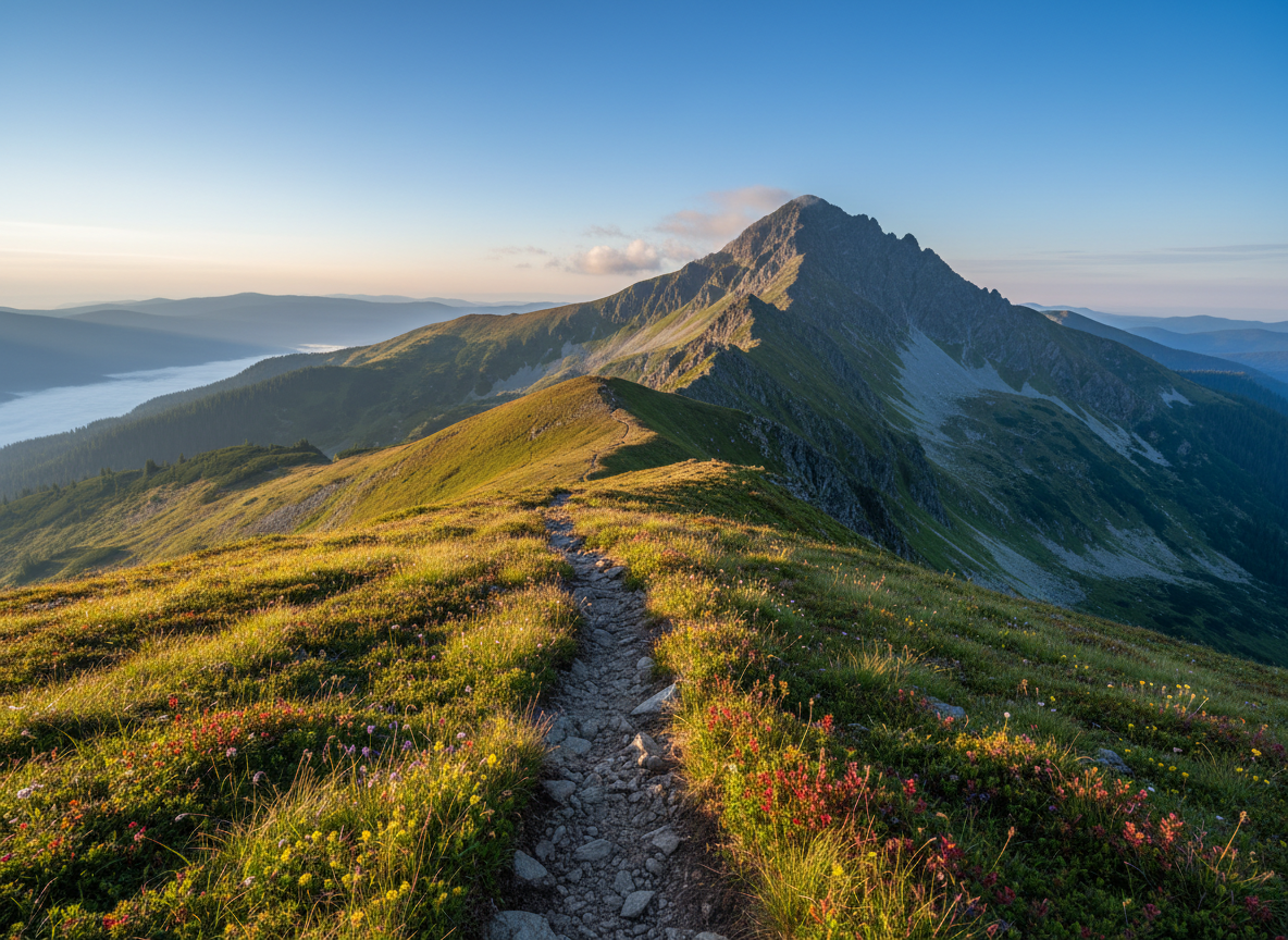 A sweeping panoramic view of the Pietrosu Rodnei massif captured in crisp photographic realism, with the jagged rocky summit rising above rolling alpine ridges. The foreground shows a narrow, well-marked hiking trail winding through low blueberry bushes and patches of mountain grass dotted with wildflowers. Early morning light from the left bathes the peaks in soft golden hues, while distant valleys are still filled with bluish mist. The sky is a clear, deep blue with a few thin clouds hugging the ridgeline. Shot from a slightly elevated eye-level angle with sharp focus throughout, the composition uses the rule of thirds to place the summit off-center, creating a professional, aspirational atmosphere that invites exploration and guided ascents.