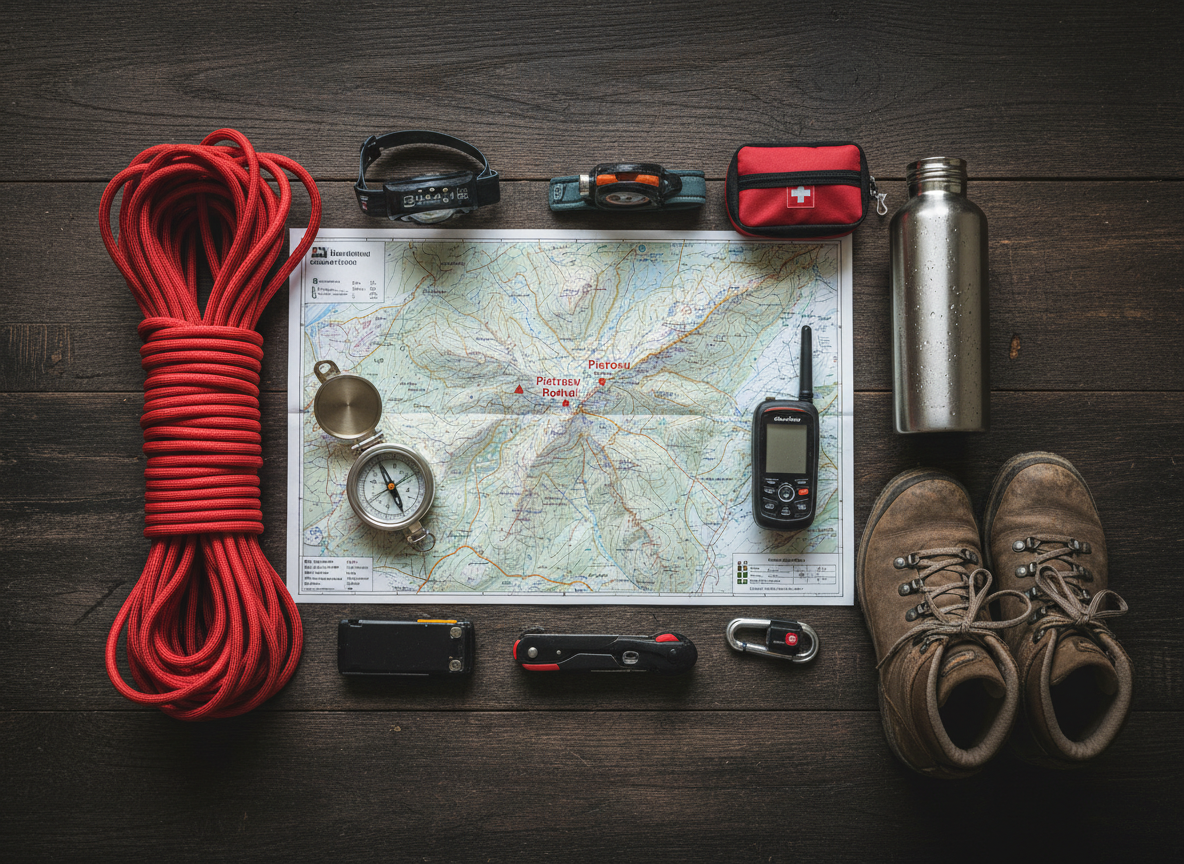 A meticulously arranged flat-lay of essential mountain guiding equipment for Pietrosu Rodnei, displayed on a dark, textured wooden surface. A detailed topographic map of the Rodnei Mountains lies unfolded at the center, with precise contour lines and the Pietrosu peak clearly visible. Around it are a high-quality compass, a rugged GPS device, a neatly coiled climbing rope, a stainless-steel insulated bottle with condensation droplets, and a pair of well-worn leather hiking boots with dust on the soles. Soft, diffused side lighting from the right creates controlled highlights on metal surfaces and subtle shadows that add depth. The composition is carefully balanced and shot from a straight-down bird’s-eye perspective, with photographic realism and a professional, organized mood that communicates preparation, safety, and expert guidance.