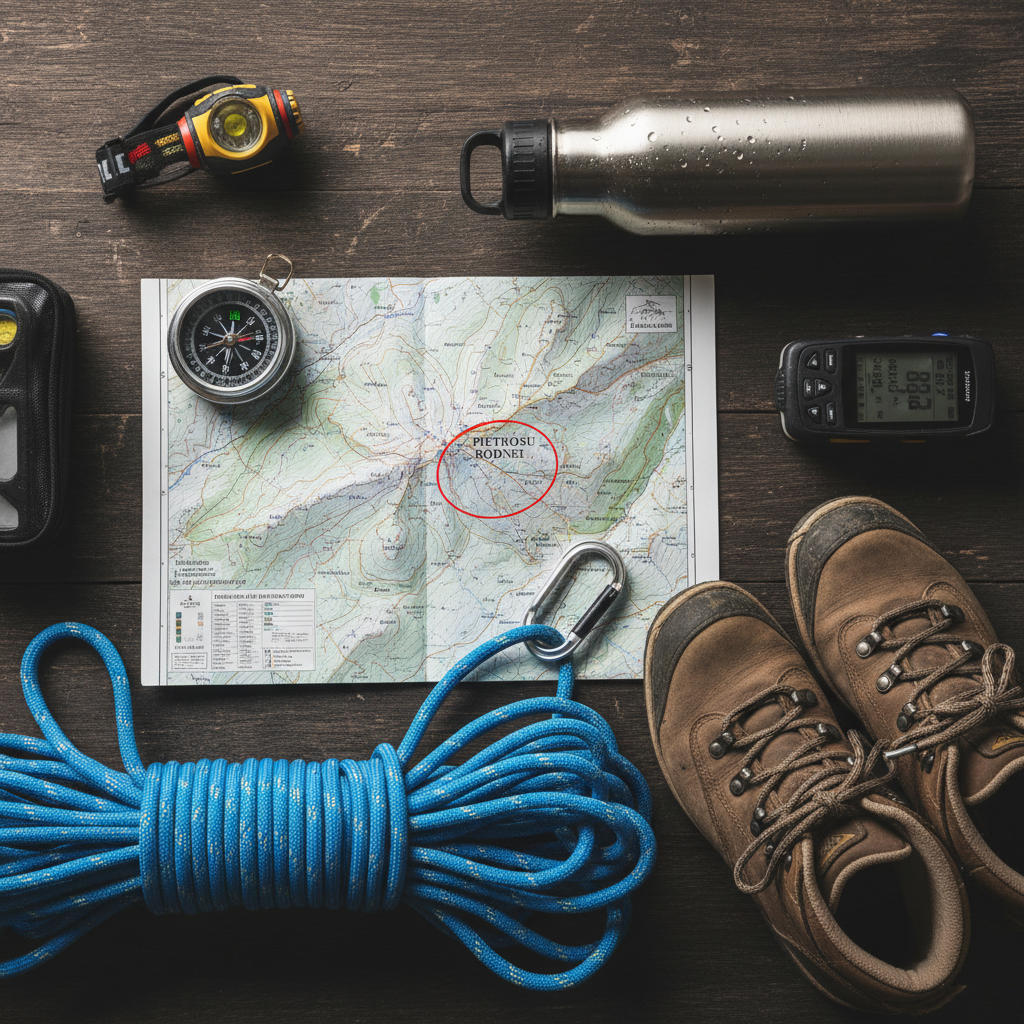 A meticulously arranged flat-lay of essential mountain guiding equipment for Pietrosu Rodnei, displayed on a dark, textured wooden surface. A detailed topographic map of the Rodnei Mountains lies unfolded at the center, with precise contour lines and the Pietrosu peak clearly visible. Around it are a high-quality compass, a rugged GPS device, a neatly coiled climbing rope, a stainless-steel insulated bottle with condensation droplets, and a pair of well-worn leather hiking boots with dust on the soles. Soft, diffused side lighting from the right creates controlled highlights on metal surfaces and subtle shadows that add depth. The composition is carefully balanced and shot from a straight-down bird’s-eye perspective, with photographic realism and a professional, organized mood that communicates preparation, safety, and expert guidance.